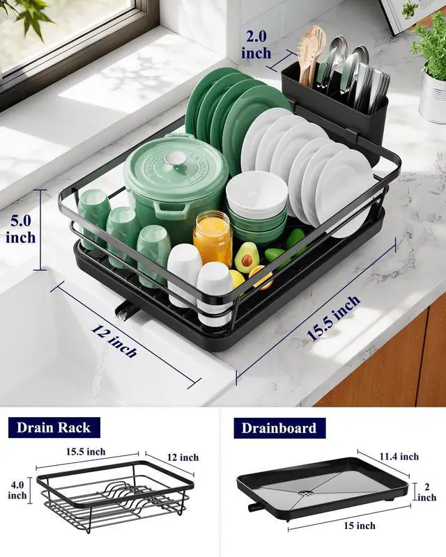 Alt view image 5 of 7 - Dish Drying Rack for Kitchen Counter, Stainless Steel Sink Organization and Storage Essentials with Cutlery Holder, Home and Appartment Decor, 12''W x 15.5''L, Black
