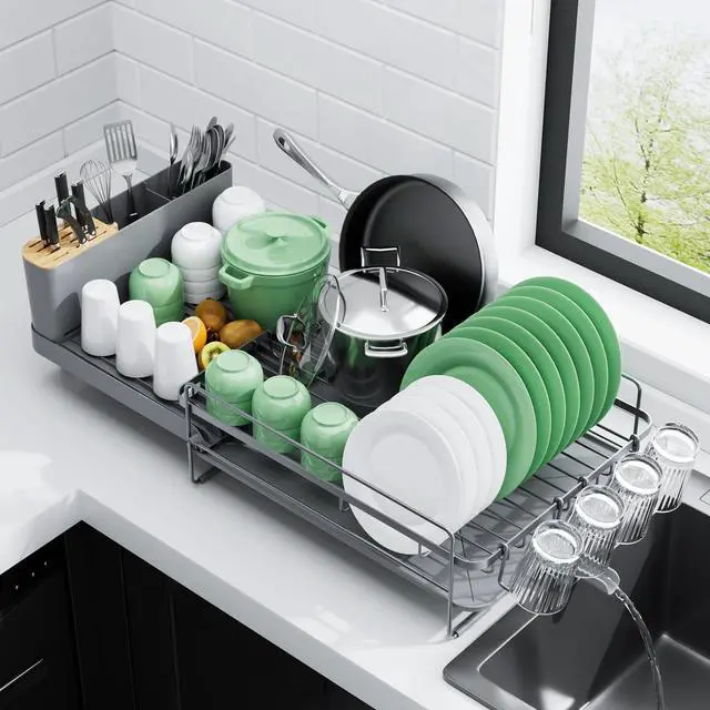 Main image of Extendable Dish Drying Rack, Large Drying Dish Rack with Cutlery & Cup Holders, Multifunctional Dish Racks for Counter with Drainage, 18.2"-25.7" L x 12.9" W, Grey