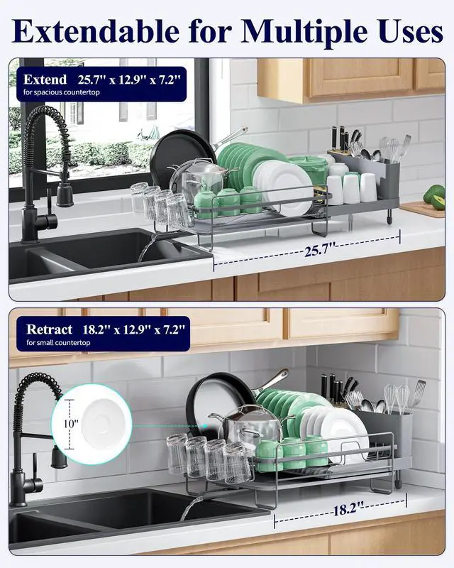 Alt view image 3 of 6 - Extendable Dish Drying Rack, Large Drying Dish Rack with Cutlery & Cup Holders, Multifunctional Dish Racks for Counter with Drainage, 18.2"-25.7" L x 12.9" W, Grey