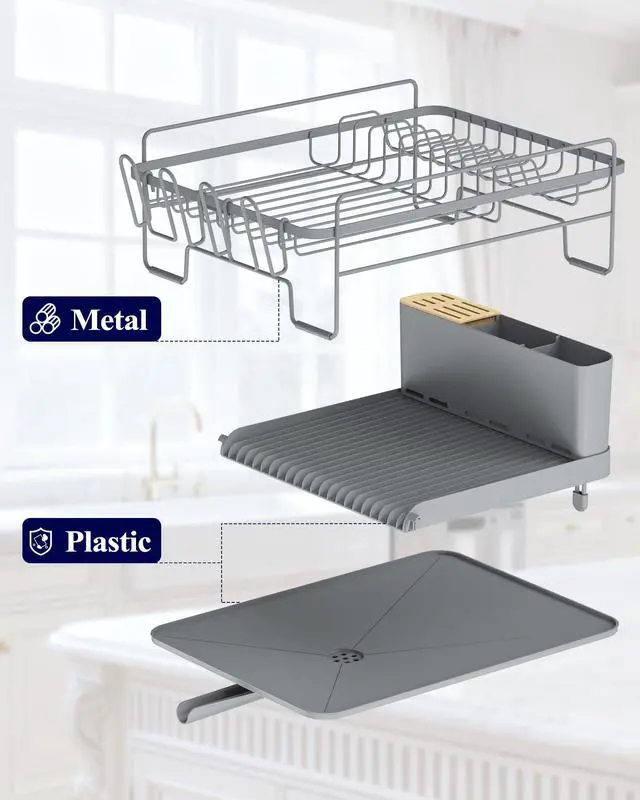 Alt view image 4 of 6 - Extendable Dish Drying Rack, Large Drying Dish Rack with Cutlery & Cup Holders, Multifunctional Dish Racks for Counter with Drainage, 18.2"-25.7" L x 12.9" W, Grey