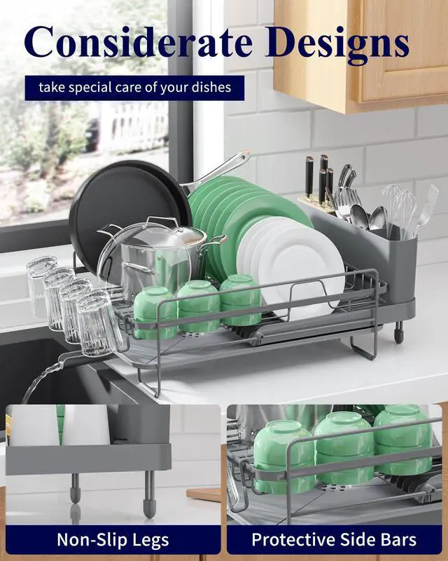Alt view image 5 of 6 - Extendable Dish Drying Rack, Large Drying Dish Rack with Cutlery & Cup Holders, Multifunctional Dish Racks for Counter with Drainage, 18.2"-25.7" L x 12.9" W, Grey