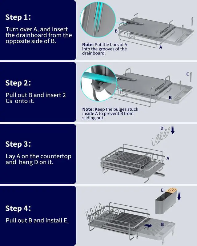 Alt view image 6 of 6 - Extendable Dish Drying Rack, Large Drying Dish Rack with Cutlery & Cup Holders, Multifunctional Dish Racks for Counter with Drainage, 18.2"-25.7" L x 12.9" W, Grey