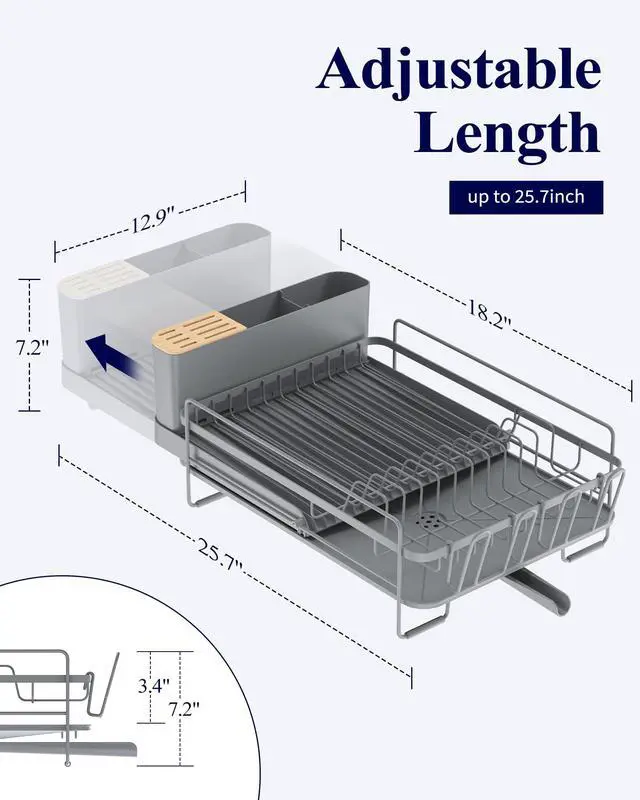 Alt view image 2 of 6 - Extendable Dish Drying Rack, Large Drying Dish Rack with Cutlery & Cup Holders, Multifunctional Dish Racks for Counter with Drainage, 18.2"-25.7" L x 12.9" W, Grey