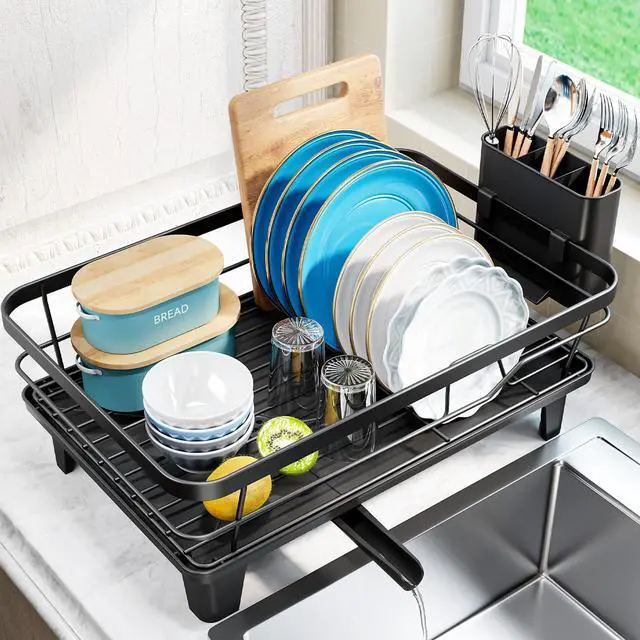 Main image of Dish Drying Rack for Kitchen Counter, Sink Dish Rack with Drainboard 12.2" W x 16.5" L, Large Dish Drainer with Cutlery Holder, Home Countertop Plate Dryer Storage Rack, Black