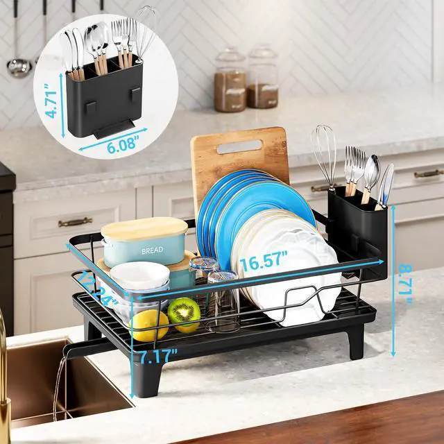 Alt view image 2 of 7 - Dish Drying Rack for Kitchen Counter, Sink Dish Rack with Drainboard 12.2" W x 16.5" L, Large Dish Drainer with Cutlery Holder, Home Countertop Plate Dryer Storage Rack, Black