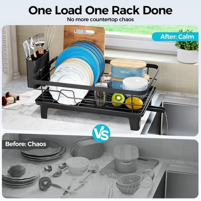Alt view image 4 of 7 - Dish Drying Rack for Kitchen Counter, Sink Dish Rack with Drainboard 12.2" W x 16.5" L, Large Dish Drainer with Cutlery Holder, Home Countertop Plate Dryer Storage Rack, Black