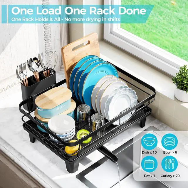 Alt view image 3 of 7 - Dish Drying Rack for Kitchen Counter, Sink Dish Rack with Drainboard 12.2" W x 16.5" L, Large Dish Drainer with Cutlery Holder, Home Countertop Plate Dryer Storage Rack, Black