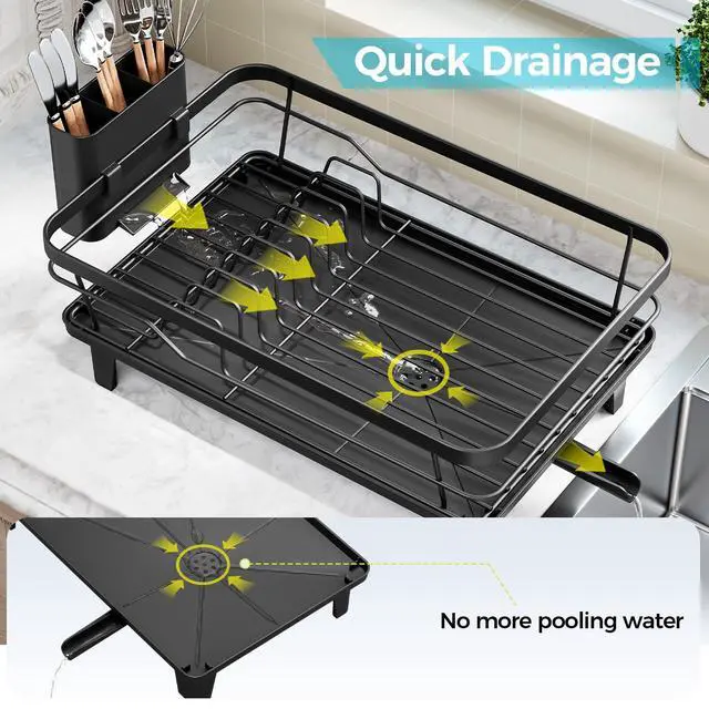 Alt view image 5 of 7 - Dish Drying Rack for Kitchen Counter, Sink Dish Rack with Drainboard 12.2" W x 16.5" L, Large Dish Drainer with Cutlery Holder, Home Countertop Plate Dryer Storage Rack, Black