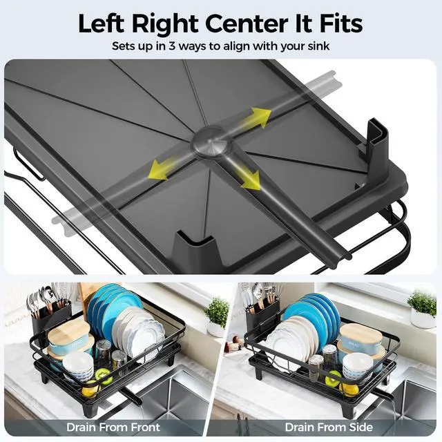 Alt view image 6 of 7 - Dish Drying Rack for Kitchen Counter, Sink Dish Rack with Drainboard 12.2" W x 16.5" L, Large Dish Drainer with Cutlery Holder, Home Countertop Plate Dryer Storage Rack, Black