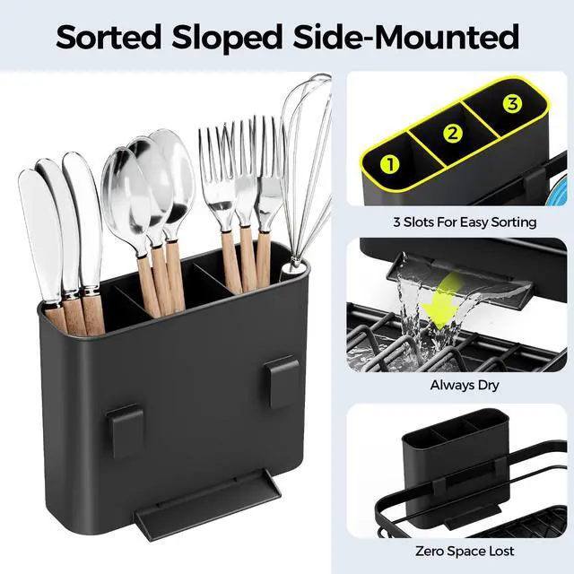 Alt view image 7 of 7 - Dish Drying Rack for Kitchen Counter, Sink Dish Rack with Drainboard 12.2" W x 16.5" L, Large Dish Drainer with Cutlery Holder, Home Countertop Plate Dryer Storage Rack, Black