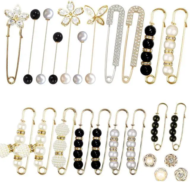 Main image of 24 Pieces Pearl Crystal Brooch Safety Pins Button Pins Pant Waist Tightener Pins for Clothes Sweater Shawl Collar Dress Cardigan Shirt Jeans Decoration Accessories for Women Girls(Classic)