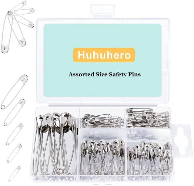 Main image of Huhuhero 160Pcs Safety Pins, Large & Small Safety Pins for Clothes Sewing Craft, 5 Assorted Sizes Sharp Edge Pins Bulk, Art and Craft Supplies (Sliver)