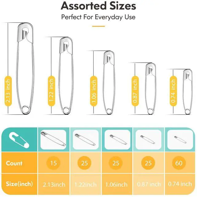 Alt view image 2 of 7 - Huhuhero 160Pcs Safety Pins, Large & Small Safety Pins for Clothes Sewing Craft, 5 Assorted Sizes Sharp Edge Pins Bulk, Art and Craft Supplies (Sliver)