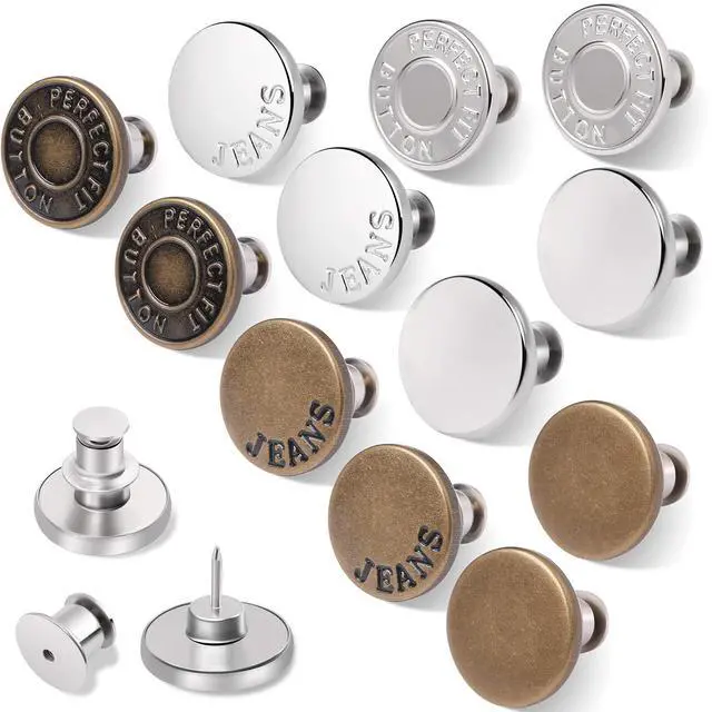 Main image of 12 Sets Button Pins for Loose Jeans, No Sew Jean Buttons Replacement, Adjustable Metal Snap Tack for Reusable Pants Waist Tightener