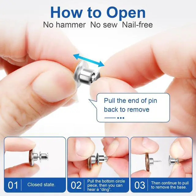 Alt view image 3 of 7 - 12 Sets Button Pins for Loose Jeans, No Sew Jean Buttons Replacement, Adjustable Metal Snap Tack for Reusable Pants Waist Tightener