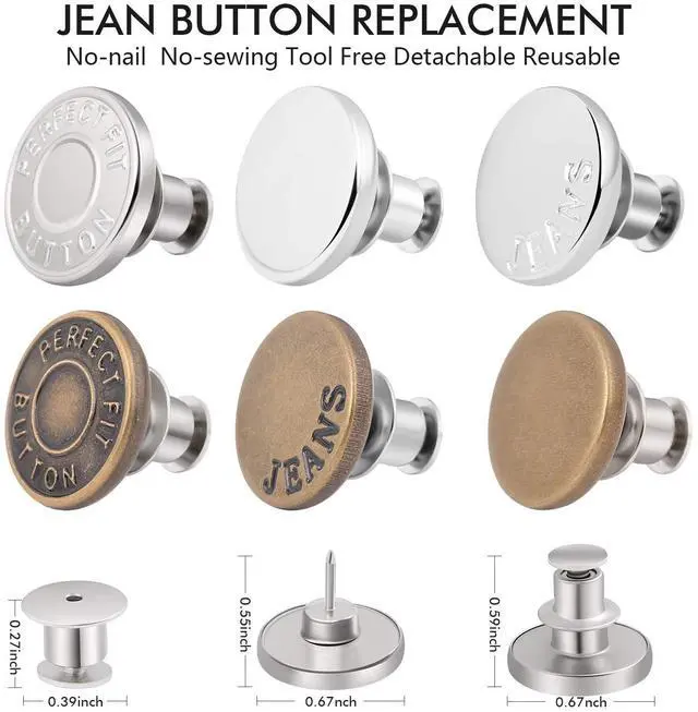 Alt view image 2 of 7 - 12 Sets Button Pins for Loose Jeans, No Sew Jean Buttons Replacement, Adjustable Metal Snap Tack for Reusable Pants Waist Tightener