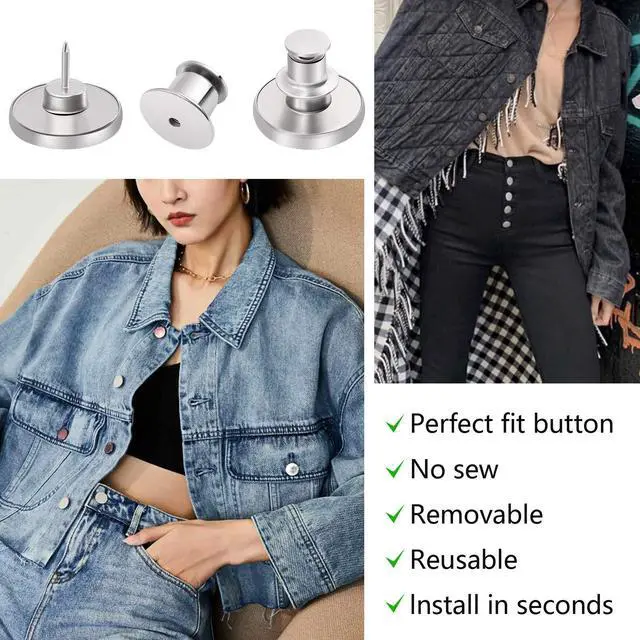 Alt view image 5 of 7 - 12 Sets Button Pins for Loose Jeans, No Sew Jean Buttons Replacement, Adjustable Metal Snap Tack for Reusable Pants Waist Tightener