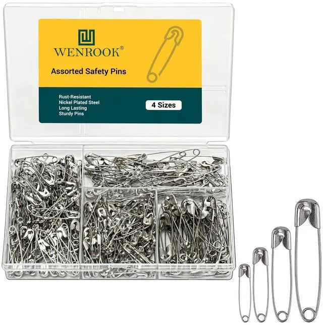 Main image of Wenrook 300 Pack Safety Pins Assorted, 4 Different Sizes, Strong Nickel Plated Steel, Safety Pins for Clothes, Crafts, Pinning and More