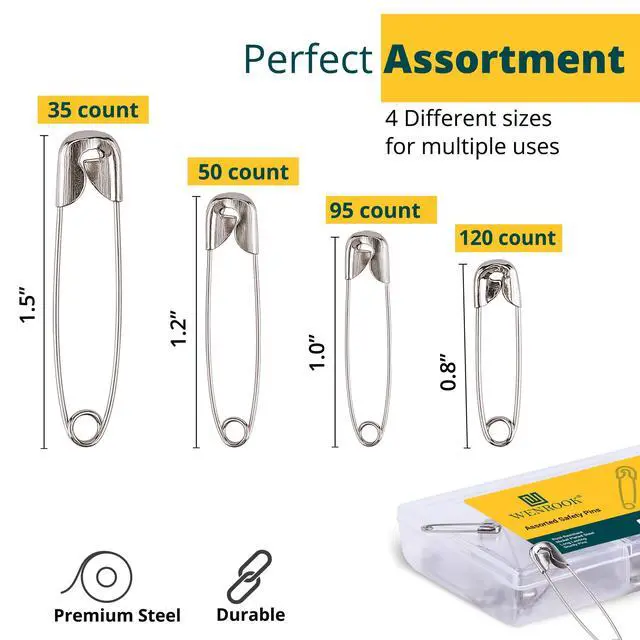 Alt view image 3 of 6 - Wenrook 300 Pack Safety Pins Assorted, 4 Different Sizes, Strong Nickel Plated Steel, Safety Pins for Clothes, Crafts, Pinning and More