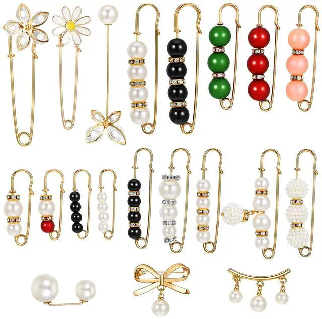 Main image of 20 Pieces Crystal Pearl Brooch Safety Pins, Button Pin Pant Waist Tightener Pins for Clothes Sweater Shawl Collar Dress Cardigan Shirt Jeans Decoration Accessories for Women Girls (Decorative)