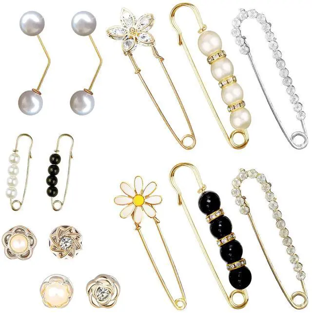 Main image of 14 Pieces Brooch Safety Pins, Pearl Brooch Button Pin Pant Waist Tightener Pins for Clothes Sweater Shawl Collar Dress Cardigan Shirt Jeans Accessories for Women Girls(Elegant)