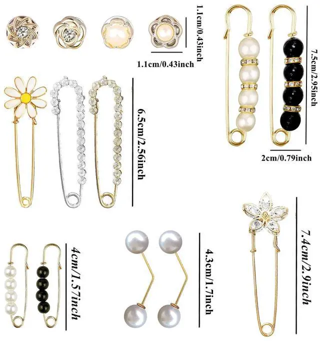 Alt view image 4 of 6 - 14 Pieces Brooch Safety Pins, Pearl Brooch Button Pin Pant Waist Tightener Pins for Clothes Sweater Shawl Collar Dress Cardigan Shirt Jeans Accessories for Women Girls(Elegant)