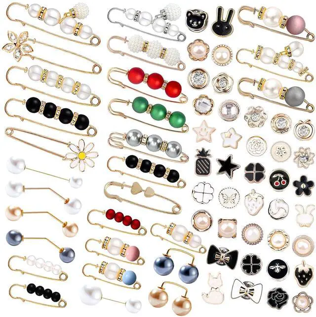 Main image of 70 Pcs Pearl Brooch, Sweater Shawl Hat Clip Neckline Pins Double Faux Pearl Brooches for Women Fashion Cover Up Buttons Clothing Dresses Decoration Accessories Pant Waist Tightener Safety Pins