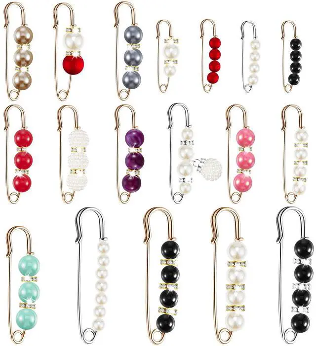 Main image of Hicarer 18 Pcs Pearl Safety Pin Brooches for Women Decorative Safety Pins for Clothing Sweater Shawl Clips Pant Waist Tightener Cardigan Collar Clips(Bright Style)