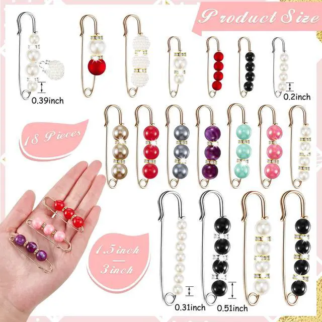 Alt view image 2 of 7 - Hicarer 18 Pcs Pearl Safety Pin Brooches for Women Decorative Safety Pins for Clothing Sweater Shawl Clips Pant Waist Tightener Cardigan Collar Clips(Bright Style)