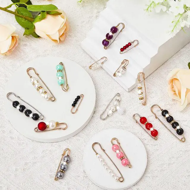 Alt view image 3 of 7 - Hicarer 18 Pcs Pearl Safety Pin Brooches for Women Decorative Safety Pins for Clothing Sweater Shawl Clips Pant Waist Tightener Cardigan Collar Clips(Bright Style)