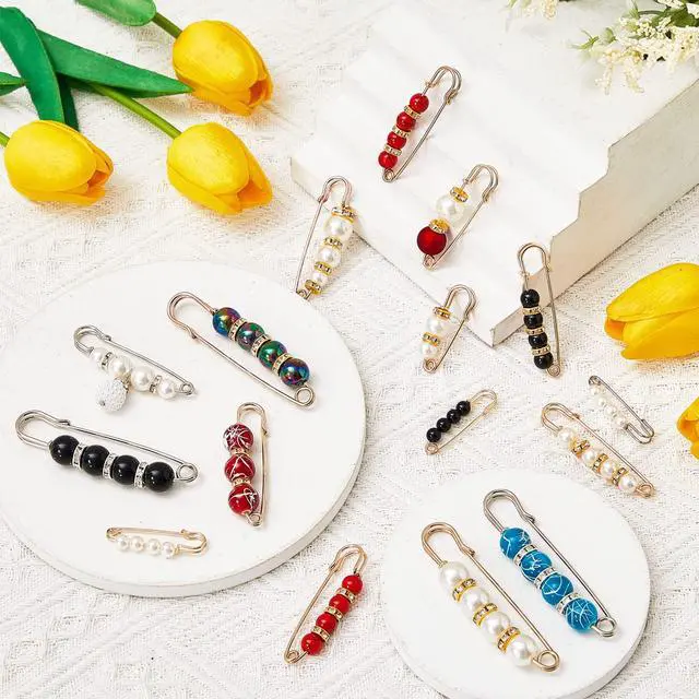 Alt view image 3 of 6 - Hicarer 18 Pcs Pearl Safety Pin Brooches for Women Decorative Safety Pins for Clothing Sweater Shawl Clips Pant Waist Tightener Cardigan Collar Clips(Vintage Style)