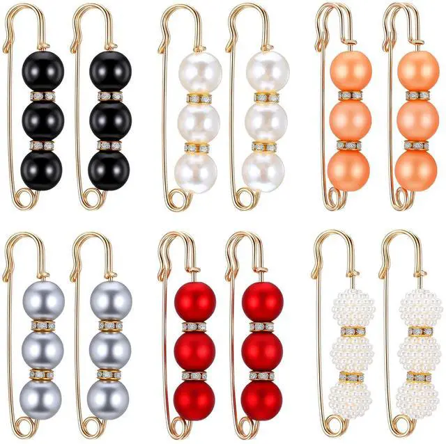 Main image of 12 Pcs Pearl Brooch Pins 6 Styles Safety Pin for Women Girls Pant Waist Tightener Pins for Clothes Sweater Shawl Clips Pearl Rhinestones Brooches for Clothing Dress Scarves Cardigan Collar Jackets