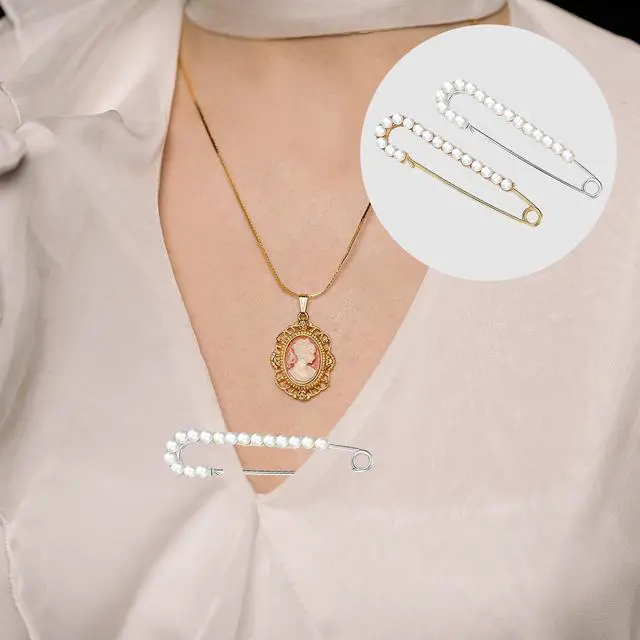 Alt view image 4 of 6 - 12 PCS Sweater Shawl Clips Retro Sweater Shawl Clips Faux Crystal Pearl Brooch Pins for Women Costume Accessory, Waist Back Cincher for Cardigan Collar Dress Shirt Jeans