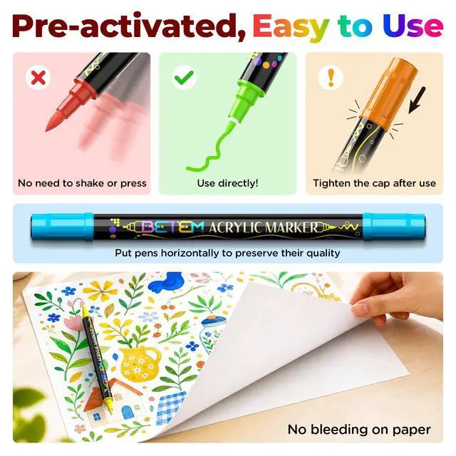 Alt view image 6 of 7 - Betem Dual Tip Acrylic Paint Pens, 24 Colors Paint Markers for Glass, Window, Fabric, Wood, Rock, Canvas, Acrylic Markers with Fine & Brush Tip, Art & Craft Supplies, Teacher Appreciation Gift