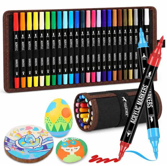 Main image of Pagather 24 Colors Acrylic Paint Markers, Dual Tip with Fine Tip and Brush Tip Pens for Stone, Wood, Calligraphy, Canvas, Ceramic, Metal, Glass, Rock Painting, DIY Crafts Art Supplies Kit