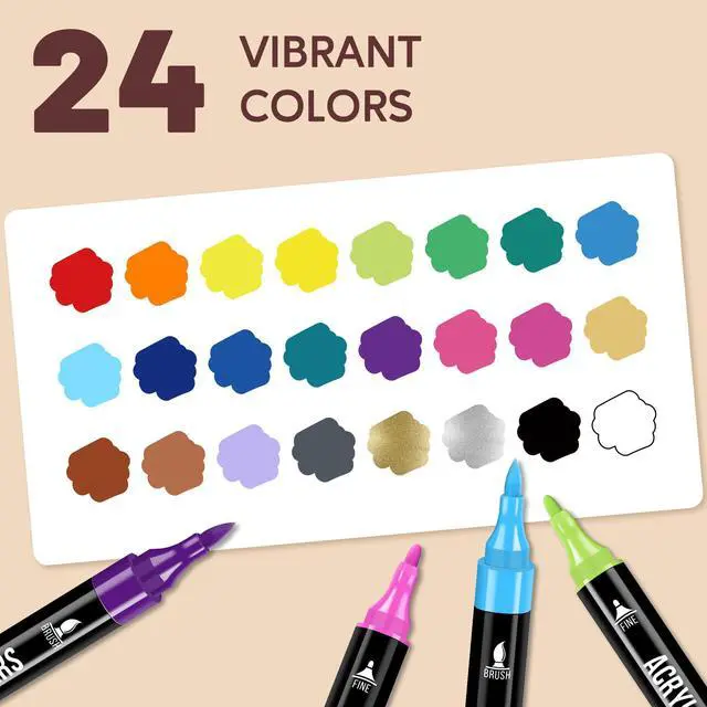 Alt view image 3 of 7 - Pagather 24 Colors Acrylic Paint Markers, Dual Tip with Fine Tip and Brush Tip Pens for Stone, Wood, Calligraphy, Canvas, Ceramic, Metal, Glass, Rock Painting, DIY Crafts Art Supplies Kit