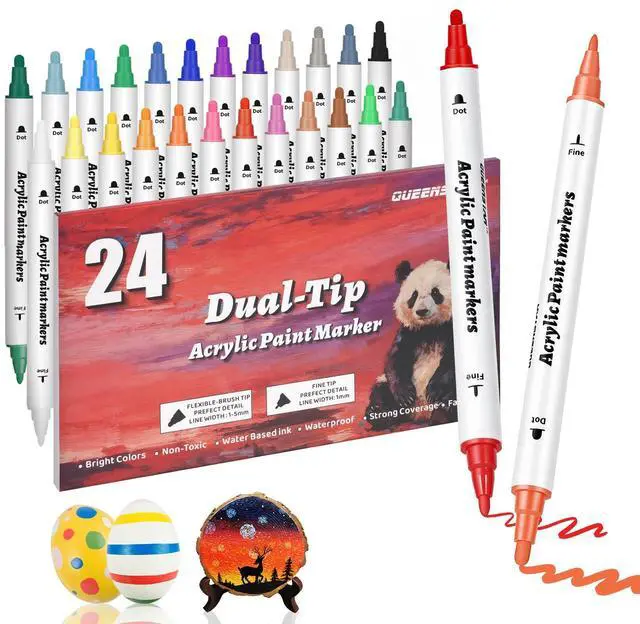 Main image of 24 Colors Acrylic Paint Markers Dual Tip, Paint Pens for Rock Painting, Fabric, Glass, Wood, Canvas, Paint Markers Acrylic Markers With Fine-Dot Tip for DIY Crafts Drawing Supplies Coloring Markers