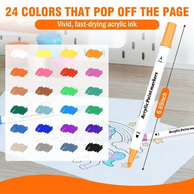 Alt view image 2 of 7 - 24 Colors Acrylic Paint Markers Dual Tip, Paint Pens for Rock Painting, Fabric, Glass, Wood, Canvas, Paint Markers Acrylic Markers With Fine-Dot Tip for DIY Crafts Drawing Supplies Coloring Markers