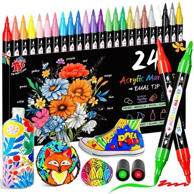 Main image of TBC The Best Crafts Acrylic Paint Markers, 24 Colors Dual Tip Waterproof, Non-Toxic, Fast-Drying Art Pens for Rock Painting, Wood, Glass, Ceramic, Fabric Art Supplies for Artists & Hobbyists