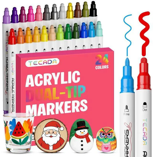 Main image of TEDECA 24 Colors Acrylic Paint Markers, Dual-Tip Acrylic Paint Pens for Fabric, Stone, Ceramic, Glass, Wood, Canvas, Metal, Rock Painting - Christmas Gift DIY Crafts Art Supplies, Fine and Dot Tip