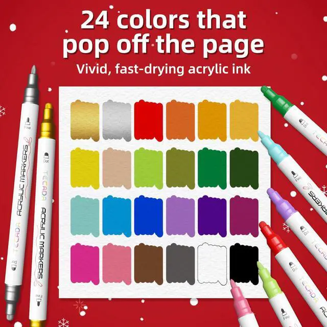 Alt view image 3 of 7 - TEDECA 24 Colors Acrylic Paint Markers, Dual-Tip Acrylic Paint Pens for Fabric, Stone, Ceramic, Glass, Wood, Canvas, Metal, Rock Painting - Christmas Gift DIY Crafts Art Supplies, Fine and Dot Tip