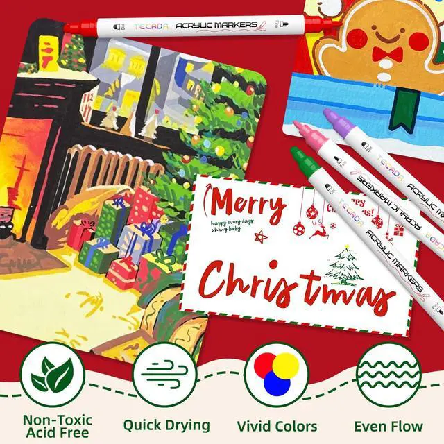 Alt view image 6 of 7 - TEDECA 24 Colors Acrylic Paint Markers, Dual-Tip Acrylic Paint Pens for Fabric, Stone, Ceramic, Glass, Wood, Canvas, Metal, Rock Painting - Christmas Gift DIY Crafts Art Supplies, Fine and Dot Tip