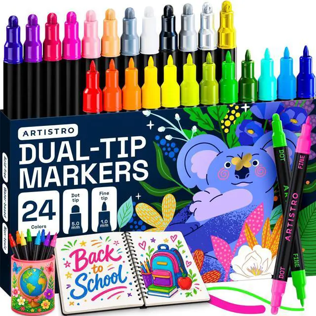 Main image of ARTISTRO 24 Precision Dual-Tip Acrylic Paint Markers Paint Pens Set with Dot & Fine Tips for Fabric, Rock, Glass, Wood, Coloring Books Arts & Crafts Gift Classroom Must Haves & School Supplies