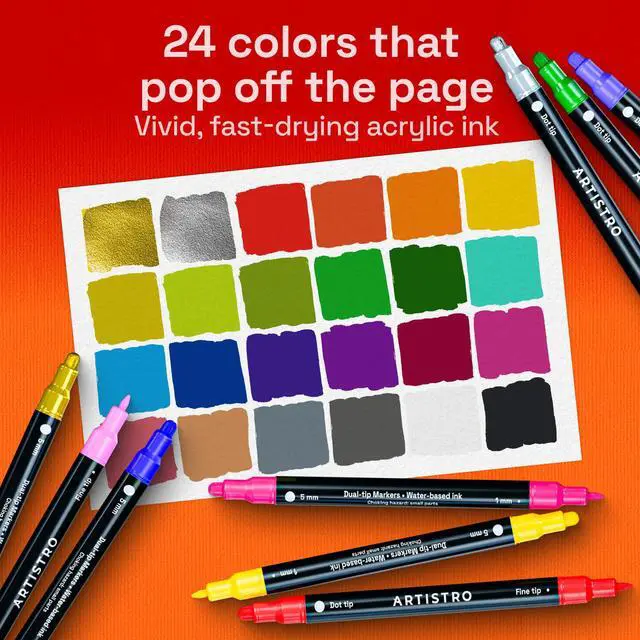 Alt view image 2 of 7 - ARTISTRO 24 Precision Dual-Tip Acrylic Paint Markers Paint Pens Set with Dot & Fine Tips for Fabric, Rock, Glass, Wood, Coloring Books Arts & Crafts Gift Classroom Must Haves & School Supplies