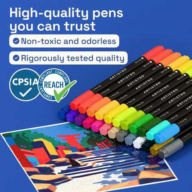 Alt view image 7 of 7 - ARTISTRO 24 Precision Dual-Tip Acrylic Paint Markers Paint Pens Set with Dot & Fine Tips for Fabric, Rock, Glass, Wood, Coloring Books Arts & Crafts Gift Classroom Must Haves & School Supplies