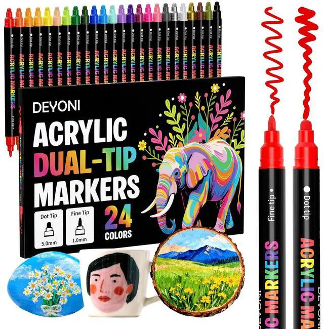 Main image of 24 Colors Acrylic Paint Markers, Dual Tip Acrylic Paint Pens Markers for Rock, Fabric, Wood, Glass, Craft, Decoration, Adult DIY Crafts Art Supplies