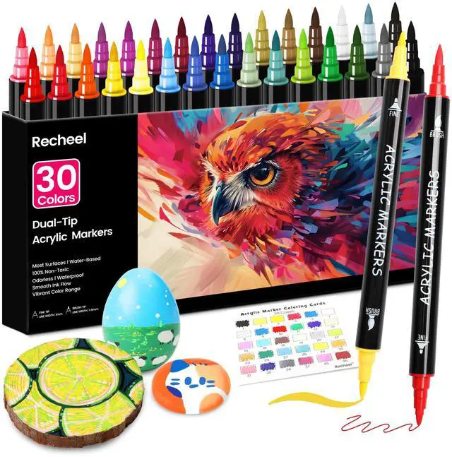 Main image of Recheel 30 Colors Acrylic Paint Markers, Dual Tip Fine and Brush Tips for Detailed Art, Crafting, Rock Painting, Wood, Glass, Ceramic, and More