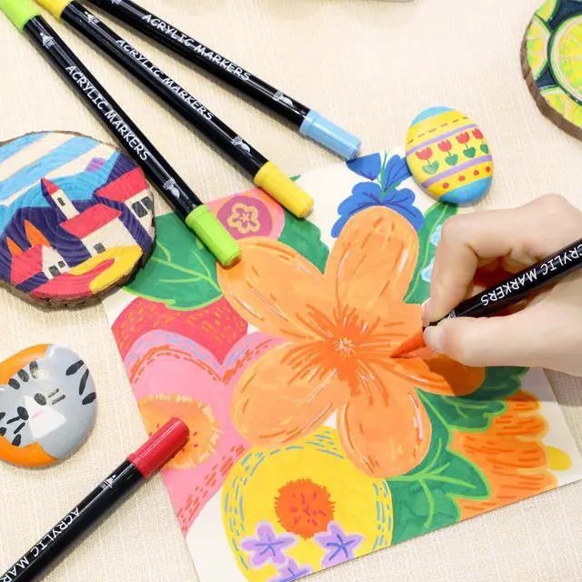 Alt view image 6 of 7 - Recheel 30 Colors Acrylic Paint Markers, Dual Tip Fine and Brush Tips for Detailed Art, Crafting, Rock Painting, Wood, Glass, Ceramic, and More