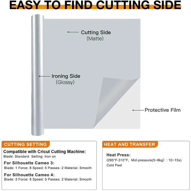 Alt view image 5 of 7 - HTVRONT HTV Vinyl Rolls Heat Transfer Vinyl - 12" x 8ft Silver HTV Vinyl for Shirts, Iron on Vinyl for All Cutting Machine - Easy to Cut & Weed for Heat Vinyl Design (Silver)