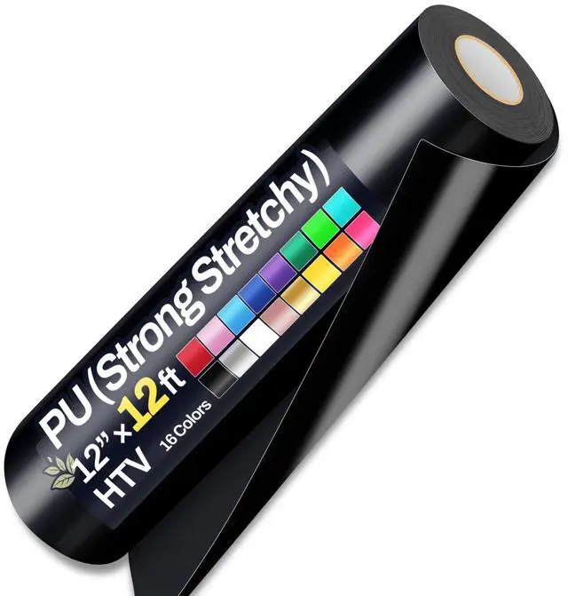 Main image of 12" x 12ft Heat Transfer Vinyl Rolls, PU (Strong Stretchy) HTV Vinyl Black for Shirts, Sooez Iron on Vinyl for All Cutter Machine, Easy to Cut & Weed for DIY Heat Vinyls Design, Matte Finish